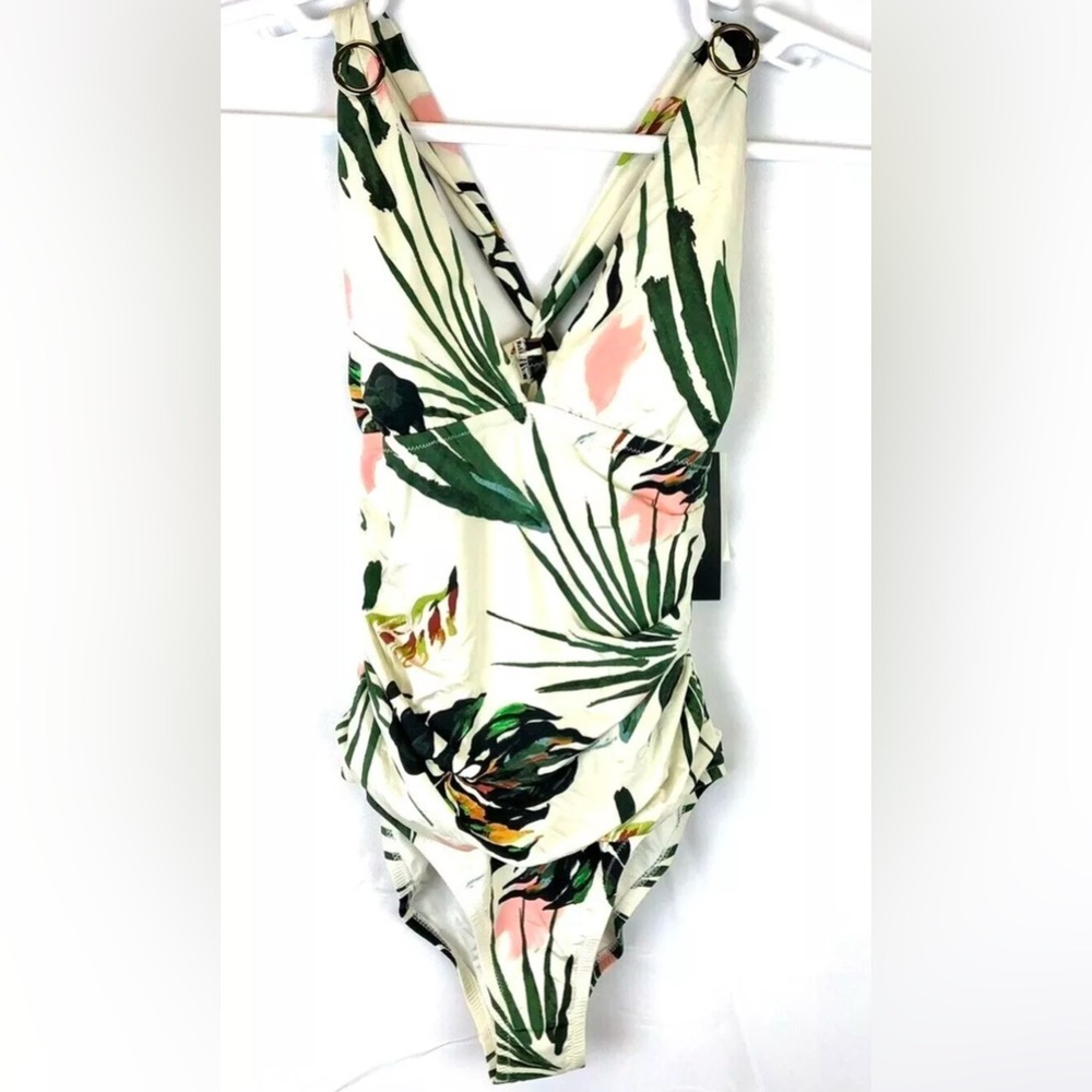 BCBG Maxazria Women’s Shirred V Neck One Piece Floral Swimsuit Size 6